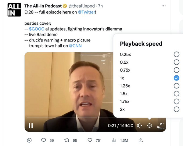 A screenshot of the Twitter app showing the new playback speed controls.